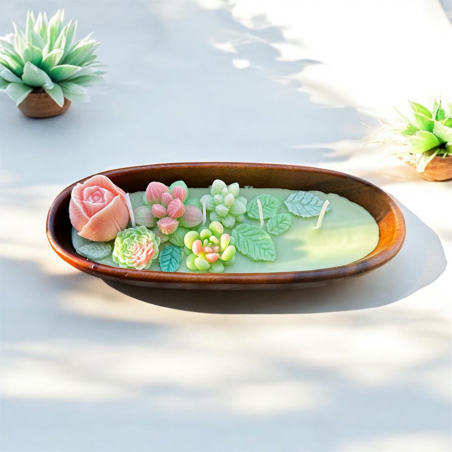Botanical bliss candle- Succulent candle garden in wooden bowl (Long bloom)
