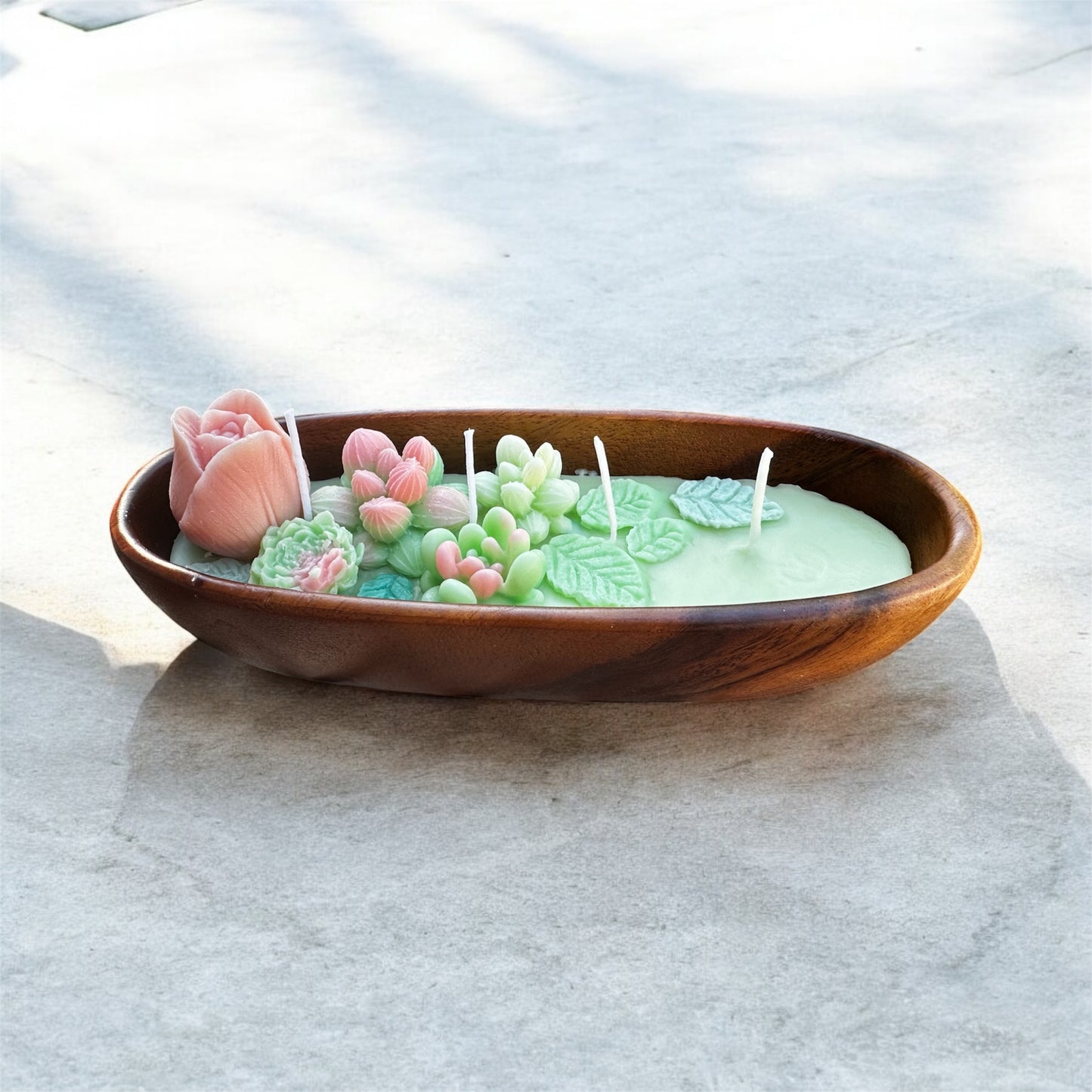 Botanical bliss candle- Succulent candle garden in wooden bowl (Long bloom)