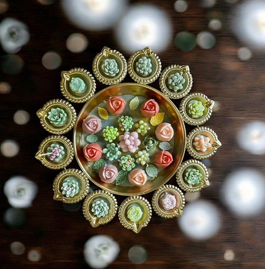 urli candle, realistic floral shaped candles arranged in a urli